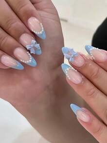 Khám phá phép màu thời trang nghệ thuật làm móng, bộ 24 móng giả acrylic hình hạnh nhân màu xanh kim tuyến kiểu Pháp, thiết kế nơ ngọc trai, dễ đeo, bao gồm 1 keo dán và 1 dũa móng, phù hợp cho cuộc sống hàng ngày và nhiều bữa tiệc khác nhau - Màu xanh lam - Xem 1