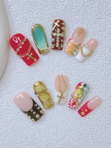 10片装Y2K风格美甲贴纸套装 - 手工制作，红黑美甲，黑金法式美甲，3D金色图案渐变设计，白色仿珍珠和金链装饰，闪亮金色十字架和水钻点缀，优雅可爱 - 适合女性和女孩，派对、婚礼、日常美甲用品 - 彩色 - 查看 2