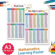 Lachilly 2 piezas/Paquete Póster de tabla de multiplicación y división, Póster educativo de matemáticas de tamaño A3, 42,8 x 29,7 cm Tabla de multiplicación y división, Adecuado para niños, educación familiar, aulas de primaria y secundaria, herramienta de enseñanza esencial - Multicolor - Ver 2