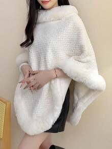 1pc Knitted Textured Women Hooded Poncho Shawl, Soft Faux Rabbit Fur Collar, Loose Fit Autumn/Winter Outerwear Cape For Dress - 灰色 - 查看 5