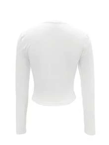 Einfarbig, minimalistisches Design, Langarm, Rundhalsausschnitt, figurbetonend, Strickstoff, rein weiß, Lässig Stil, geeignet für tägliche Ausflüge, Campus, Pendeln und leichte gesellige Anlässe, kann im Frühling und Herbst allein getragen werden, kann im Winter geschichtet werden, ein unverzichtbares Kleidungsstück. - Weiss - Übersicht 3