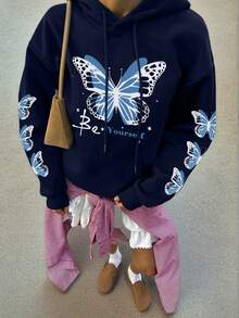 女款秋冬新款極簡夢幻甜美蝴蝶印花休閒日常百搭衛衣 - 藏蓝色 - 查看 2