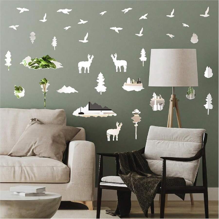 Woodland Tree Animal Wall Stickers Removable 3D Mirror Acrylic Wall Decals Mountain Pine Trees Decals Peel And Stick Forest Animals Tree Decor For Bedroom Living Room,WoodlandAcrylic - 森林亞克力 - 查看 1