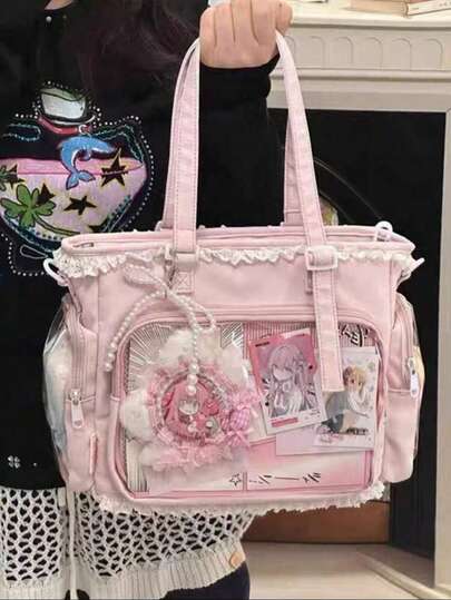1pc Kawaii Japanese Style Girl's Shoulder Bag, Featuring Pearl Bow & Lace Trim For Elegant & Cute Look, Transparent Decor Suitable For Cosplay, Anime Conventions, Daily Use, Detachable & Adjustable Strap, Large Capacity Tote Bag For Students, Lovely & Fashionable Ladies Handbag, Wallet, Ita Bag For Shopping, Gathering, Displaying Anime Goods, Travel, School Use, Etc. , Valentine's Day , Kawaii