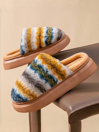 Colorful Striped Plush Women's Slippers, Warm Thick Sole Fashion New Style Suitable For Home, Indoor, Bedroom, Outdoor Wear, Soft And Comfortable Couple Slippers, Simple Men's Slippers, Women's House Slippers, Room Shoes