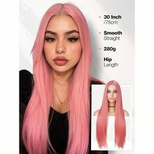 XZGB Pink Wig 30 Inch Long Straight Peachy Pink Wig For Women 4x1 Lace Part Synthetic Heat Resistant Wigs For Mira Cosplay Halloween Party Daily - 蜜桃粉 - 查看 2