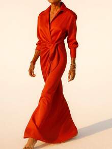 Elegant Lapel Wrap Front Maxi Dress - Đỏ - Xem 3