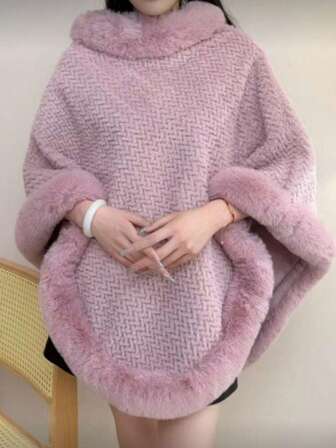 1pc Knitted Textured Women Hooded Poncho Shawl, Soft Faux Rabbit Fur Collar, Loose Fit Autumn/Winter Outerwear Cape