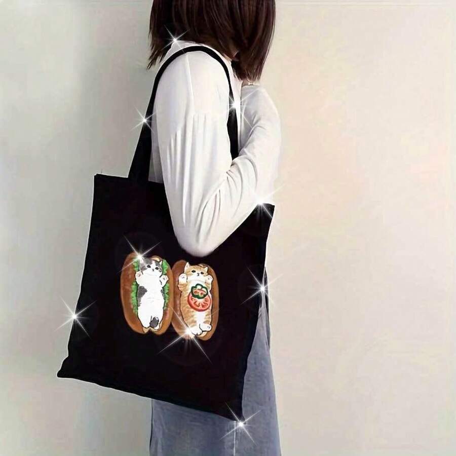 Cute Kitten Snack Tote Bag - Fashionable Durable Foldable Lightweight Shoulder Bag With Fixed Shoulder Strap, Black Cat Pattern Suitable For Daily Commuting, Shopping, Travel - Perfect Gift For Women, Cat Bag, Fun Illustration, Sturdy Shoulder Strap, Fashionable Accessory - Style 1 - View 1