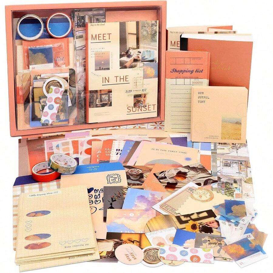 Vintage Scrapbook Kit346pcs Bullet Junk Journal Kit With Journaling/Scrapbooking Supplies, Stationery, A6 Grid Notebook With Graph Ruled Pages, Teen Women - Vintage - Sunset - View 1