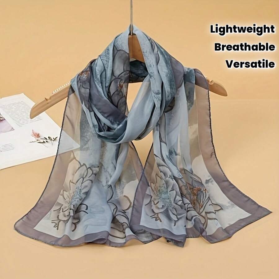 "Elegant Floral Chiffon Scarf - Flowing Design With Hand-Painted Flowers, Beige/Blue-Gray Background, Light Blue Wedding Scarf, Bohemian Purple Women's Scarf, Stylish & Lightweight" - JFA334-06 藍色 - 查看 1