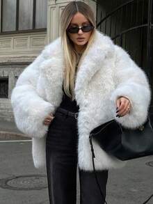 HH 女式冬季优雅纯色仿皮草效果长袖开衫外套女式休闲高街口袋外套 - 白色 - 查看 11