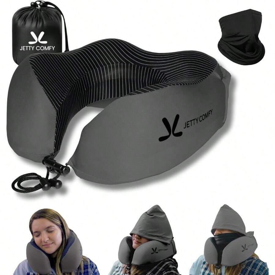 AWYYPremium Memory Foam Travel Neck Pillow With Hood And Face Cover For Privacy - Ergonomic Design For Sleeping On Plane Bus Train Office Dark Gray - DarkGrayBlack - View 1