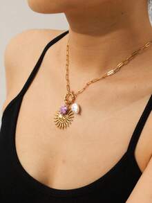 1pc Flower Pearl Sun Pendant Necklace, Personalized Choker Necklace Suitable For Women's Daily Wear - Multicolor - View 4