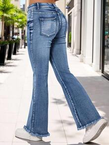 YOKASA Jeans acampanados y desgastados casuales para mujer - Azul - Ver 5