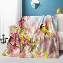 2D Flat, Vintage Floral Bird & Cherry Blossom Print Blanket - Soft Flannel All-Season Cozy Throw For Sofa, Bed, Office & Home Decor - Machine Washable, Bedroom Decor, Durable Fabric, Decorative Cover, Home Decorators - 彩色 - 查看 1