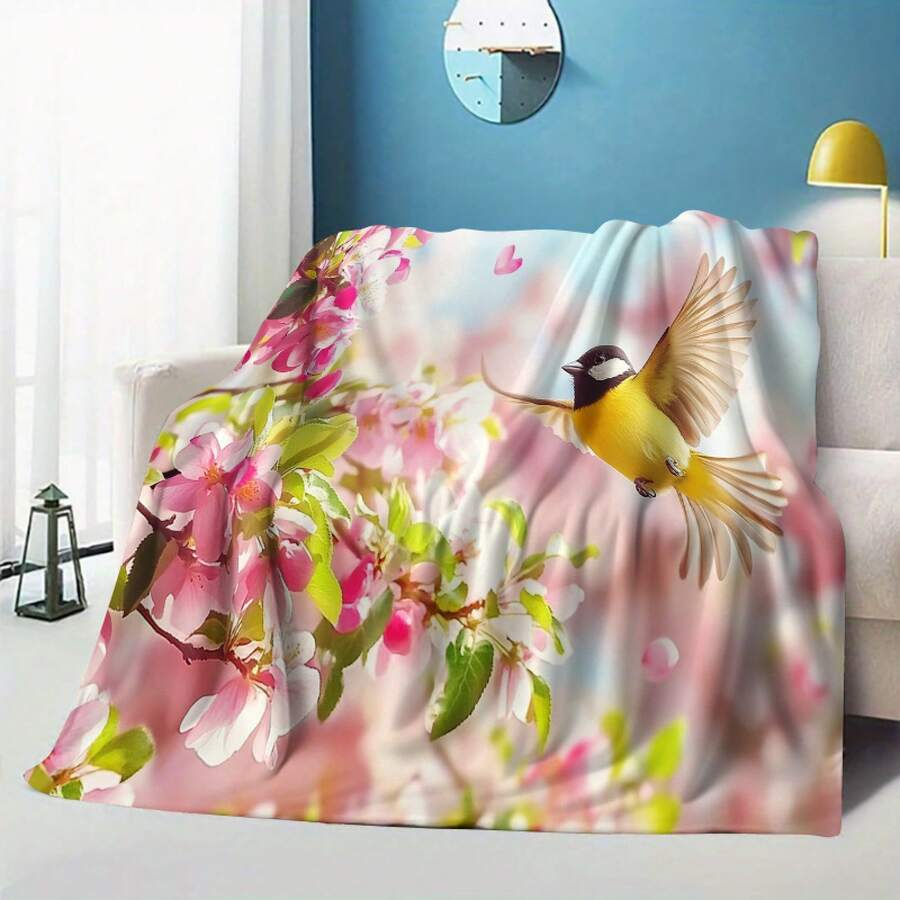 2D Flat, Vintage Floral Bird & Cherry Blossom Print Blanket - Soft Flannel All-Season Cozy Throw For Sofa, Bed, Office & Home Decor - Machine Washable, Bedroom Decor, Durable Fabric, Decorative Cover, Home Decorators - 彩色 - 查看 1