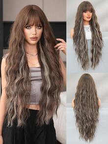 7JHH WIGS 高品质36英寸超长波浪卷发假发，优雅栗棕色超长波浪假发，带刘海和白色挑染，耐热纤维材质，无胶合成全机编织，适合日常佩戴、音乐节派对、街头装扮、动漫角色扮演或服装搭配，也是女孩毕业礼物和假发配件的理想之选。 - 挑染棕色 - 查看 3