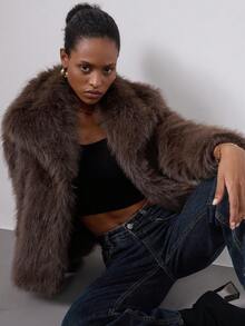 Women's Fashion Casual Faux Fur Collar Long Sleeve Coat - Coffee Brown - View 3