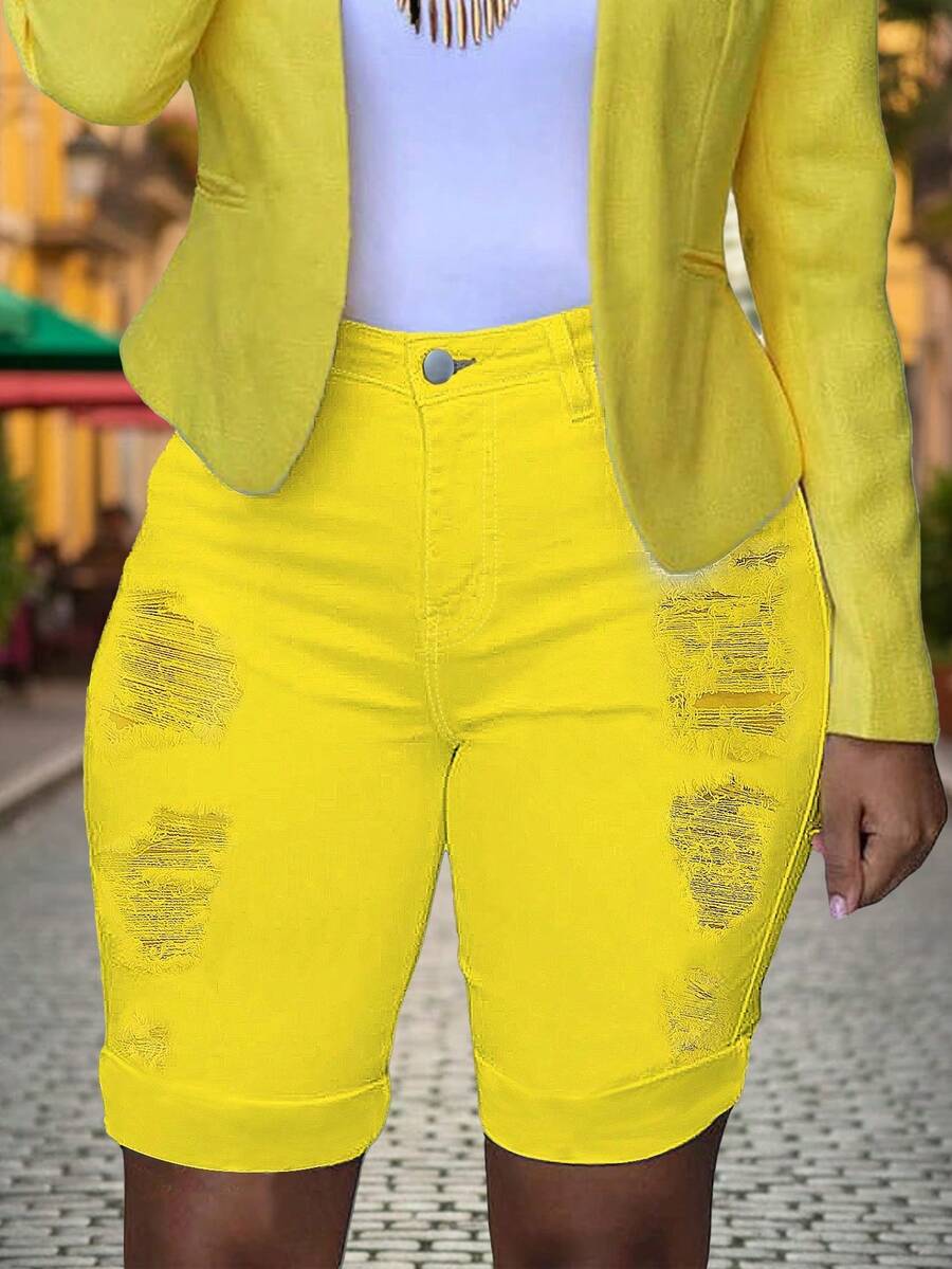 Casual Distressed Cuffed Slim Fit Denim Shorts, Spring/Summer - Yellow - View 1