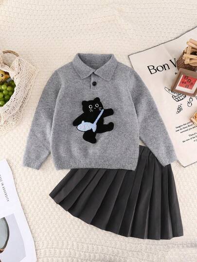 2pcs/Set Girls Sweater Polo Collar Outfit, Cute Cartoon Pattern Sweater With Pleated Skirt, Fashionable & Comfortable For Daily Wear