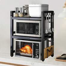 Expandable Microwave Oven Rack 2 Tier Microwave Shelf, With 6 Hooks Adjustable Width & Height Kitchen Counter Organizer Shelf Stand, Pot Pan Grill Storage Racks, Width 40-64cm Black - màu đen - Xem 7