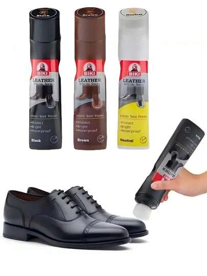 Líquido limpiador y abrillantador de cuero en colores neutros marrón y negro, con aplicador de esponja incorporado, adecuado para zapatos de cuero, abrillanta los zapatos instantáneamente, aplicable a zapatos de vestir, botas, chaquetas, maletines, etc., zapatos, selecciones de primavera y verano, regalos para damas de honor, habitación, decoración de dormitorio, playa, viaje, para hombres, para mujeres, vacaciones