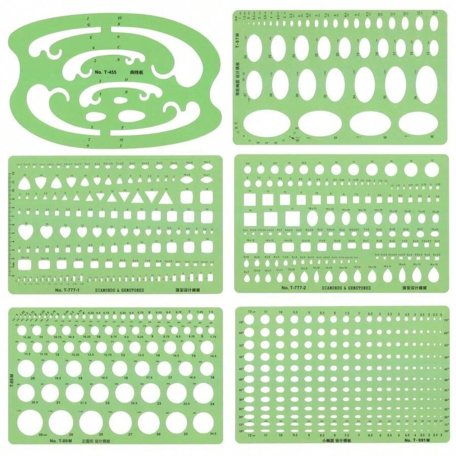 6pcs Jewelry Design Professional Precision Jewelry Sketch Template Ruler, Gemstone Specific, Drawing Ruler, Soft Ruler, Made In China, Jewelry Architectural Template Ruler, Small Increment Circle, Equidistant Ellipse, Water Drop Shape, Arc Cloud Shape Ruler Template Set