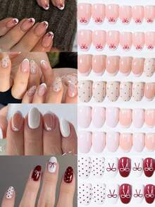 96 miếng (4 bộ hỗn hợp) Miếng dán móng tay ngắn hình bầu dục màu trắng kiểu Pháp phong cách Y2K, trang trí họa tiết trái tim, chấm bi và nơ, thích hợp cho Ngày Valentine và Giáng sinh, bộ móng giả acrylic vừa vặn hoàn hảo, bao gồm 1 lọ sơn gel và 1 dũa móng, lý tưởng cho các bạn gái sử dụng hàng ngày, dự tiệc và tụ họp. - Nhiều màu - Xem 2