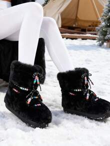Winter Faux Fur Snow Boots Women Chunky Heel Lace Up Fuzzy Fluffy Beaded Y2k Sweet Dress Outdoor Warm Ankle Short Booties - 黑色 - 查看 4