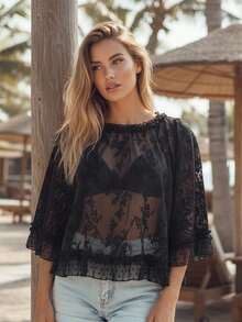Women's Summer Trendy Lace T-Shirt Long Flared Sleeve Round Neck Sheer Party Tops - Negro - Ver 2