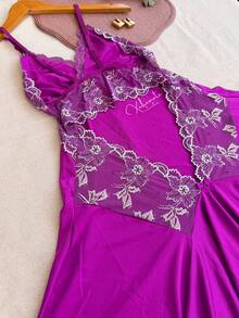 Sexy Lace Nightgown With Backless Detail, Ruffled Train, Slit, No Padding, Sleep Dress, Lingerie, Nightwear Line - 紫色 - View 2