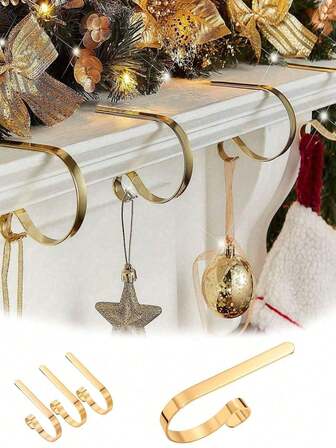 1/3/6 st guldfärgade julstrumphängare, eldstadskrokar, halkfria julgransdekorationskrokar, lämpliga för födelsedagsfest, bröllop, juldekoration, eldstadsstrumphållare, festbakgrunder, jul