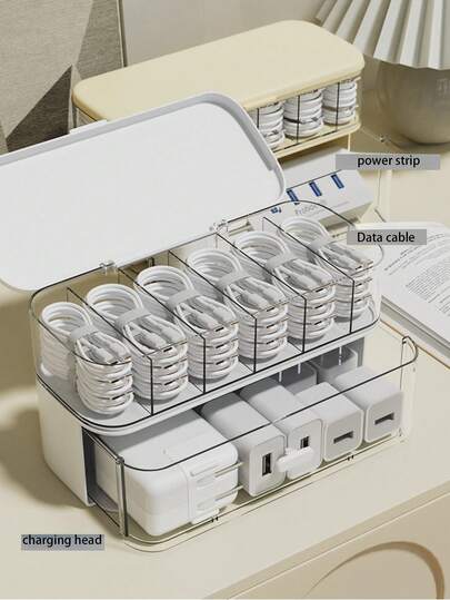 1Pc Desktop Data Cable Organizer, White/Creamy Cable Management Box - Charging Station, Desktop Power Strip Organizer, Supports Smart Sockets, Wireless Charging Center, Suitable For Smartphones/Tablets/Electronic Devices