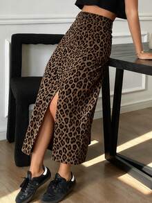 Livesso 女士豹纹印花前开衩半身裙 - 棕色 - 查看 1