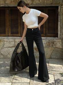 Livesso 女士高腰口袋休闲百搭喇叭牛仔裤 - 深灰色 - 查看 5