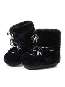 Winter Faux Fur Snow Boots Women Chunky Heel Lace Up Fuzzy Fluffy Beaded Y2k Sweet Dress Outdoor Warm Ankle Short Booties - 黑色 - 查看 2