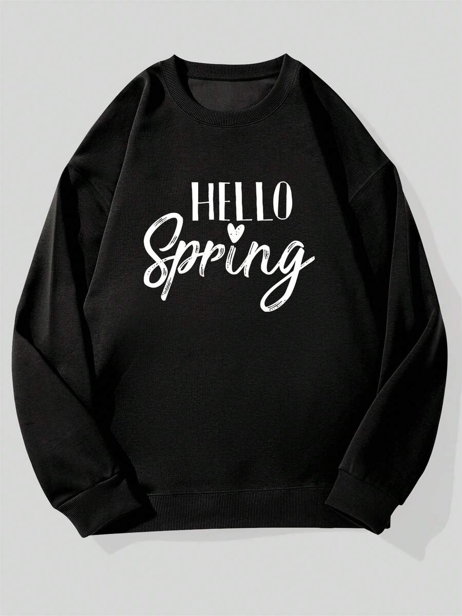 Men Casual Crew Neck Sweatshirt With HELLO Spring Graphic Black Loose Fit Long Sleeve Round Neck Lightweight Breathable For Casual Attire Spring Casual Wear Relaxed Fit Sweatshirt Comfortable Clothing Oversize Short Sleeve Sweater For Man - Black - View 1