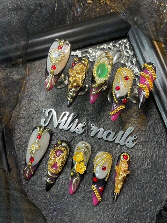 10pcs Stiletto Nail Set,Black&Apricot Nail Art,Black&Purple French Style,Hand Drawn Geometric Pattern,3D Stereoscopic Angel&Chain&Heart&Flower&Butterfly&Steel Ball&Gems Nail Accessories,Y2k Style Wearable Nail Art Set,Suitable For Women To WearDaily Parties (With: A Piece Of JellyGlue And A Friction Strip) Nail SuppliesNails