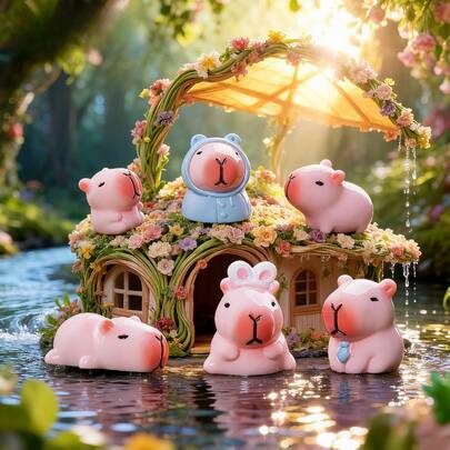 6个迷你树脂水豚摆件，粉色小水豚，适用于汽车仪表盘装饰，迷你树脂动物，适用于仙女花园家居装饰（颜色随机）