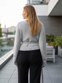 Womens Knitted Wrap Cardigan Autumn Spring Stylish Solid Ribbed V Neck Long Sleeve Sweater Jacket For Fall And Winter - Grey - View 2