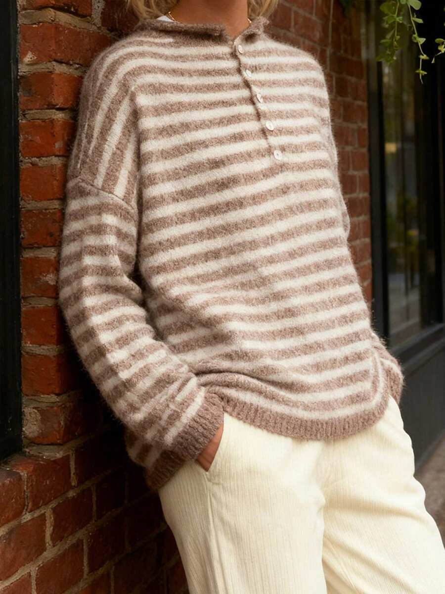 Women Striped Knit Sweater Long Sleeve Button Closure Solid/Stripes Pullover Warm Sweater For Fall Winter - Khaki - View 1