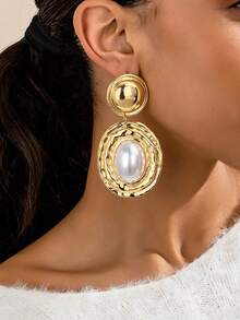 一对几何纹理椭圆形镶嵌椭圆形珍珠吊坠耳环，复古优雅女士耳环 - 金黃色 - 查看 7