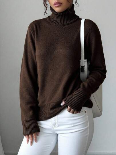 Women's Rib-Knit High Neck Pullover Sweater Long Sleeve Christmas Casual Top Medium Stretch Woven Fabric Regular Length