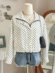 一件女士白色波点拉链休闲外套，适合圣诞节、秋冬春季穿着。 - 白色 - 查看 1