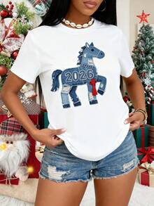 2026 New Year Family Atmosphere T-Shirt, Denim Cow Pattern Women Short Sleeve Top