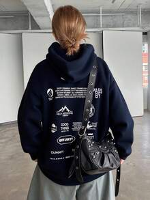 Livesso 秋季新款女士休闲宽松抓绒卫衣，长袖连帽衫，秋季女装 - 藍色 - 查看 7