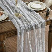 White Silver Gauze Table Runner 120 Inch 10FT, Glitter Metallic Foil Sheer Dining Holiday Wedding Anniversary Birthday Table Decor For Home Party,28inchx120inch,WhiteSilver - 銀 - 查看 1