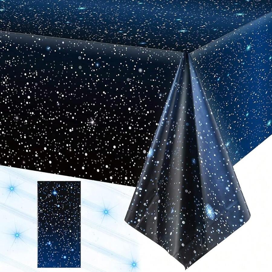 1 Piece Space Tablecloth Starry Night Tablecloth Decorations Plastic Galaxy Table Cover Space Stars Theme Party Supplies For Birthday Home Decorations, 54 X 108 Inch,Black, Blue - Đen, Xanh lam - Xem 1