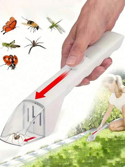 这款便携式手持捕虫器采用塑料材质，带有释放装置。它采用耐用的ABS材料制成，无需电力，操作简便。它可以轻松捕捉蜜蜂、蜘蛛、蚂蚁和其他害虫。适用于室内外各种场所，例如家庭、花园、汽车、浴室等。